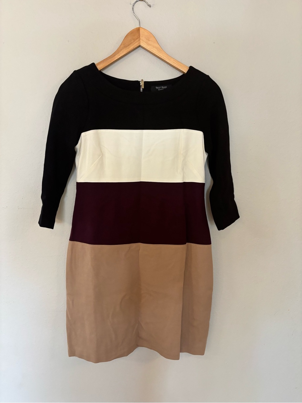 White House Black Market Colorblock Sheath Dress in Black, White, Burgundy & Tan